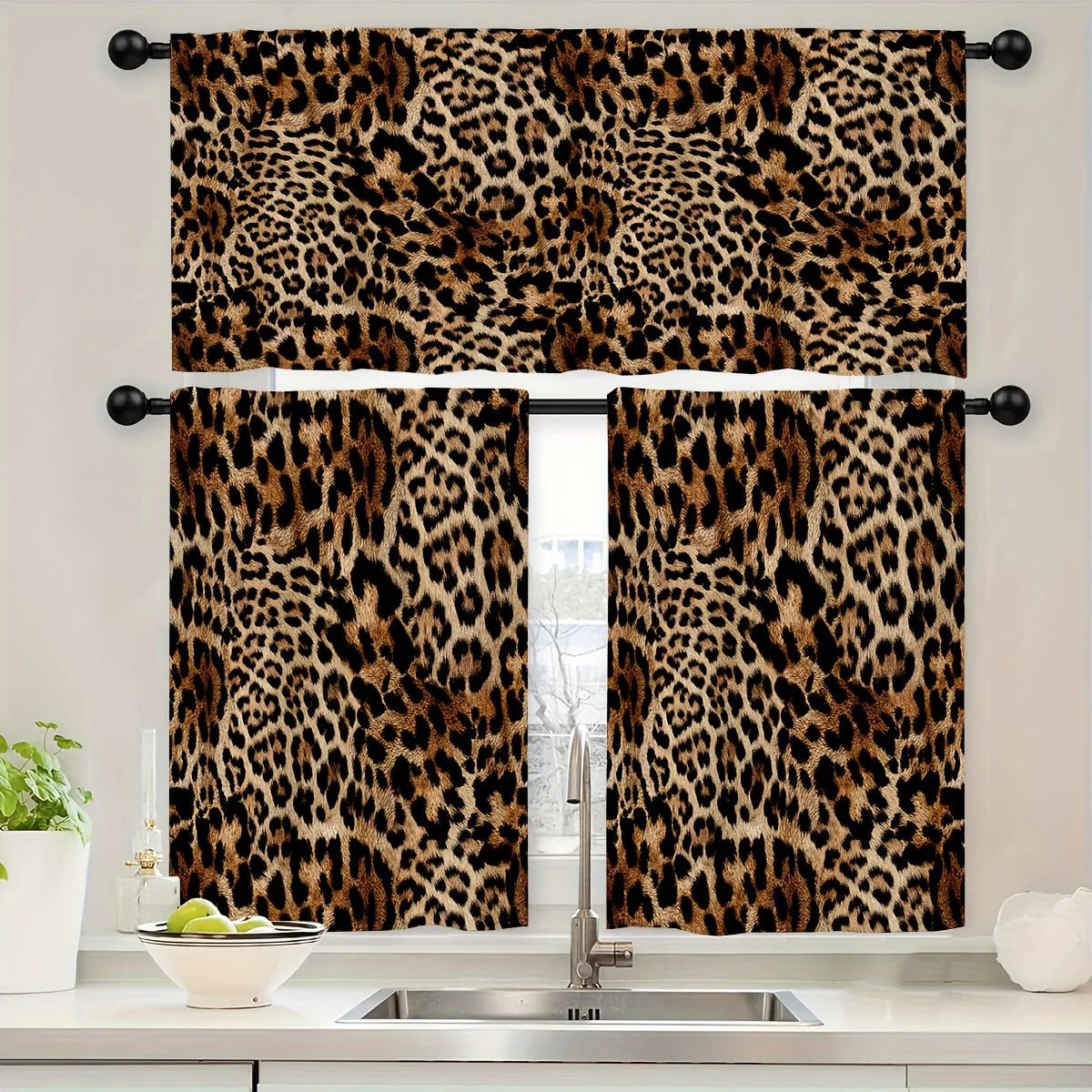 3pcs Leopard Print Kitchen Cur - Commercial Kitchen Canopy 评论和价格