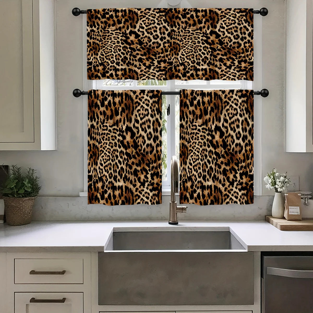 3pcs Leopard Print Kitchen Cur - Commercial Kitchen Canopy 评论和价格