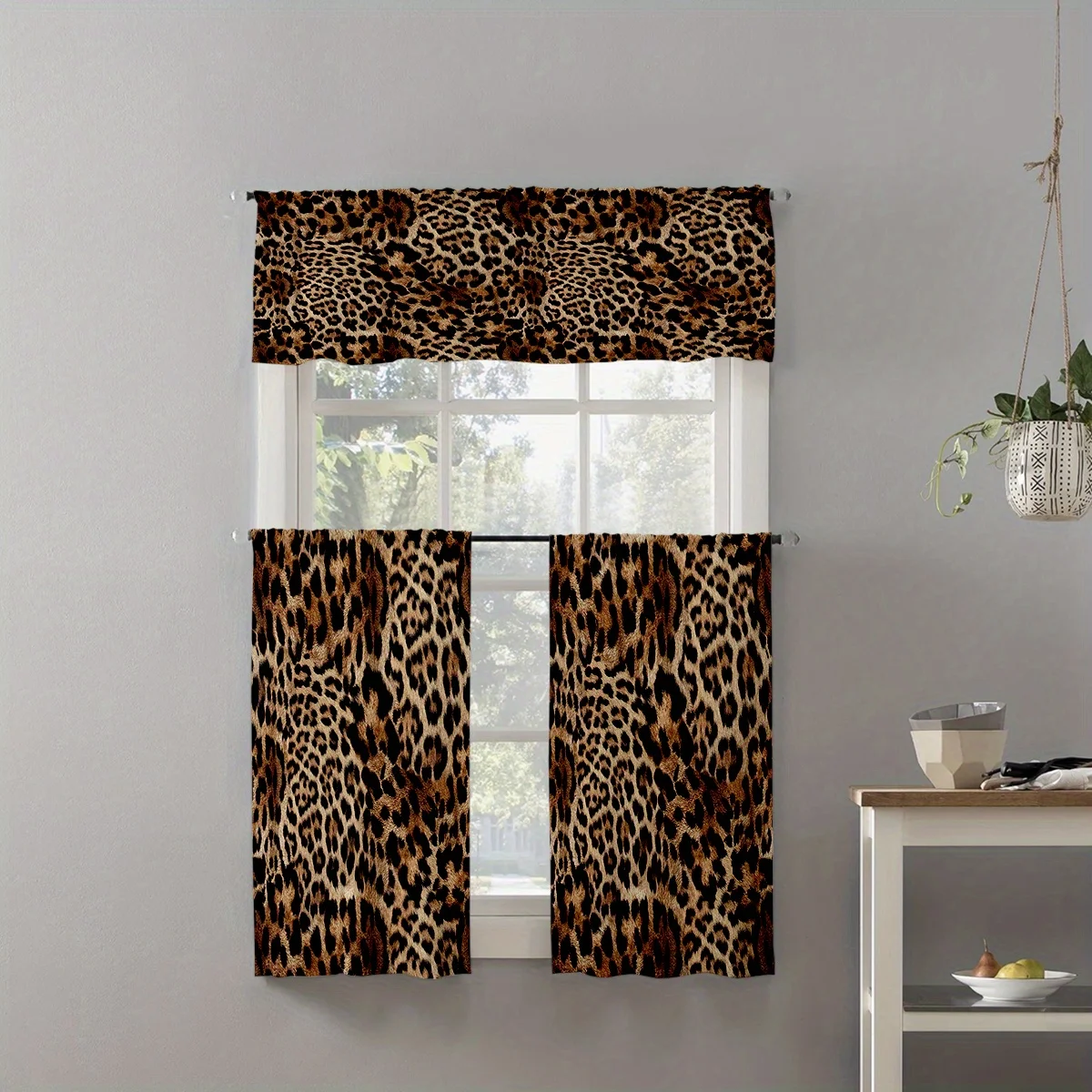 3pcs Leopard Print Kitchen Cur - Commercial Kitchen Canopy 评论和价格